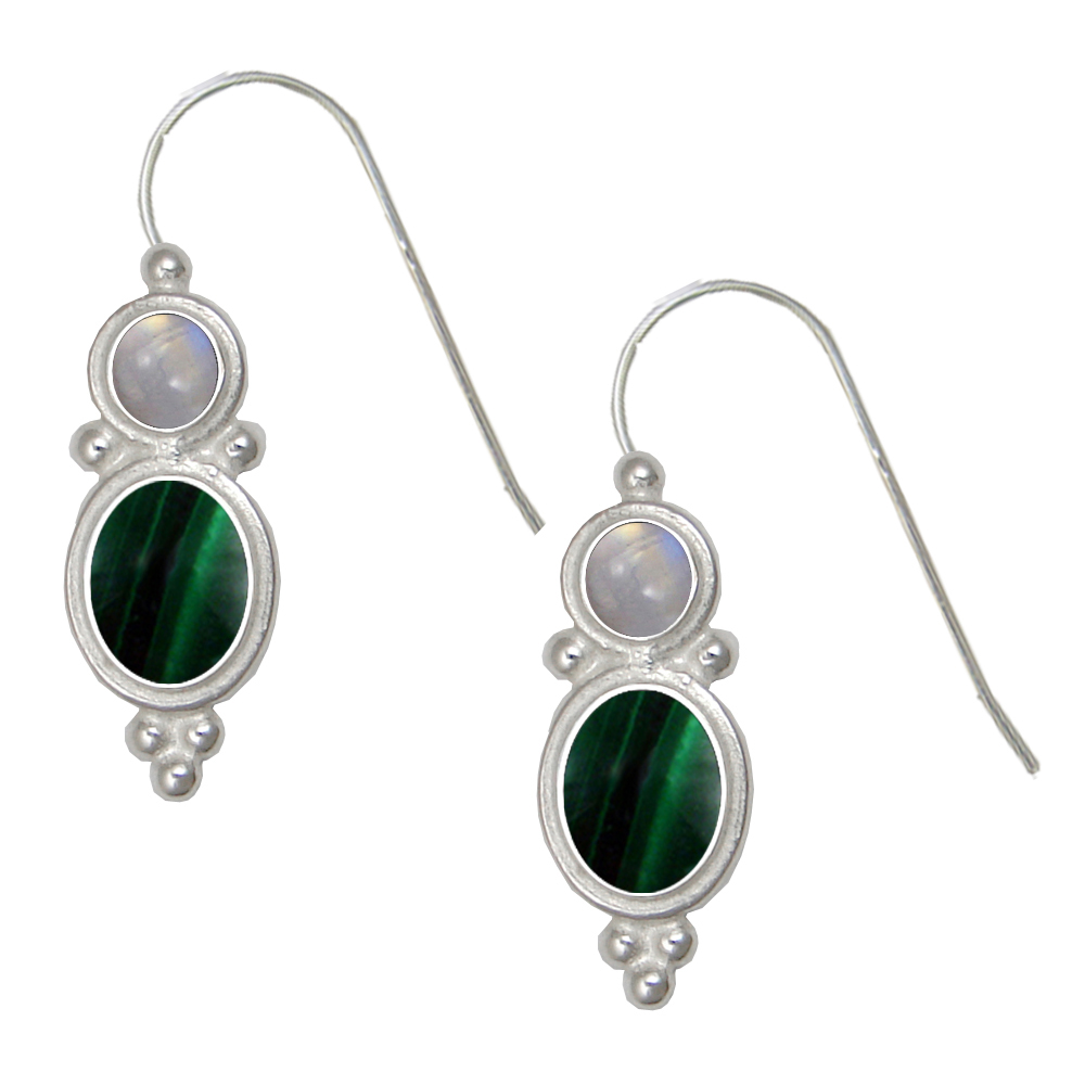 Sterling Silver Drop Dangle Earrings Malachite And Rainbow Moonstone